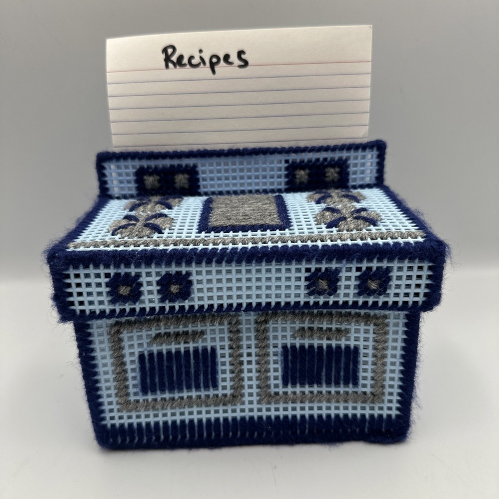 Vintage Blue Gray Mid Century Plastic‎ Canvas Needlework Oven Recipe Box